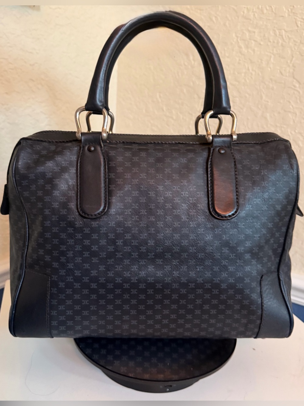 RARE Celine Boston Bag Macadam ALL LEATHER Navy Blue Boston Bag Like NEW!